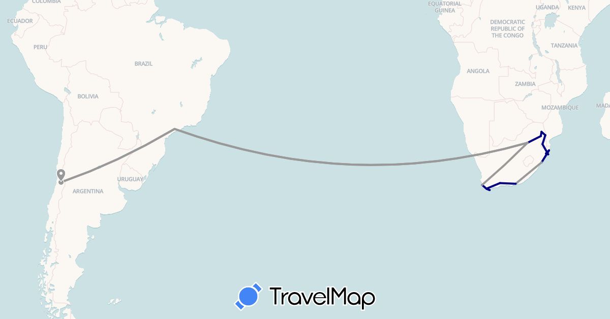 TravelMap itinerary: driving, plane in Brazil, Chile, Swaziland, South Africa (Africa, South America)